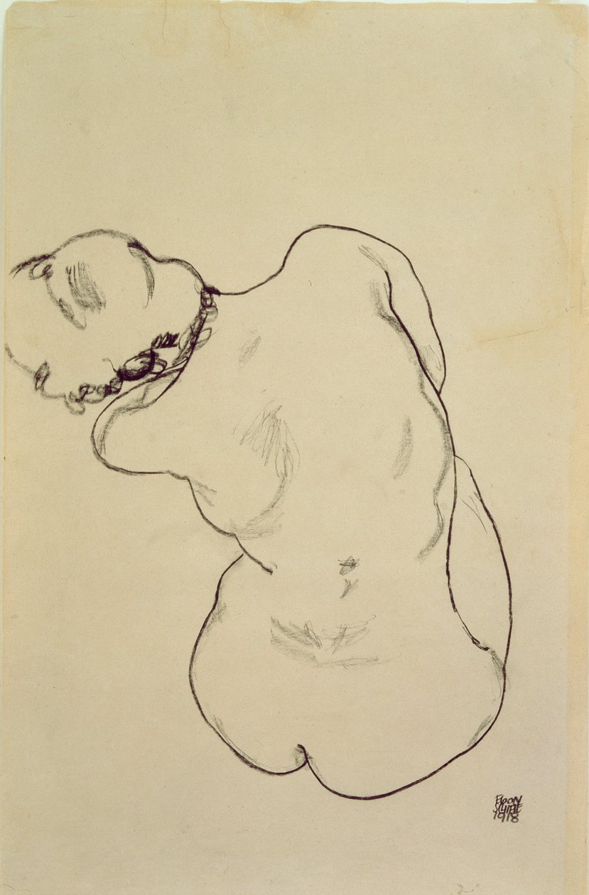 Reclining Nude - Back View, 1918 (svart fargestift på papir) av Egon Schiele