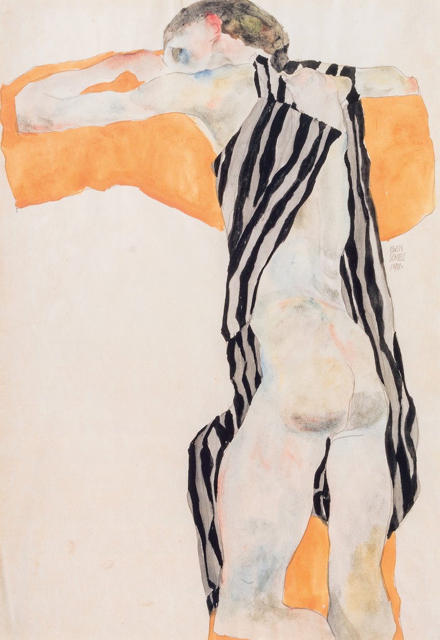 Tilbakelent naken jente i stripete kittel, 1911. av Egon Schiele