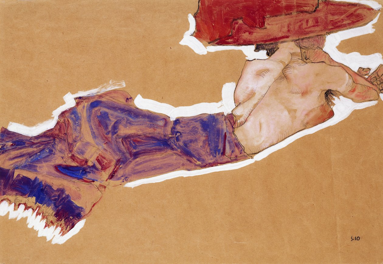 Liggende halvnaken med Red Hat, 1910 av Egon Schiele