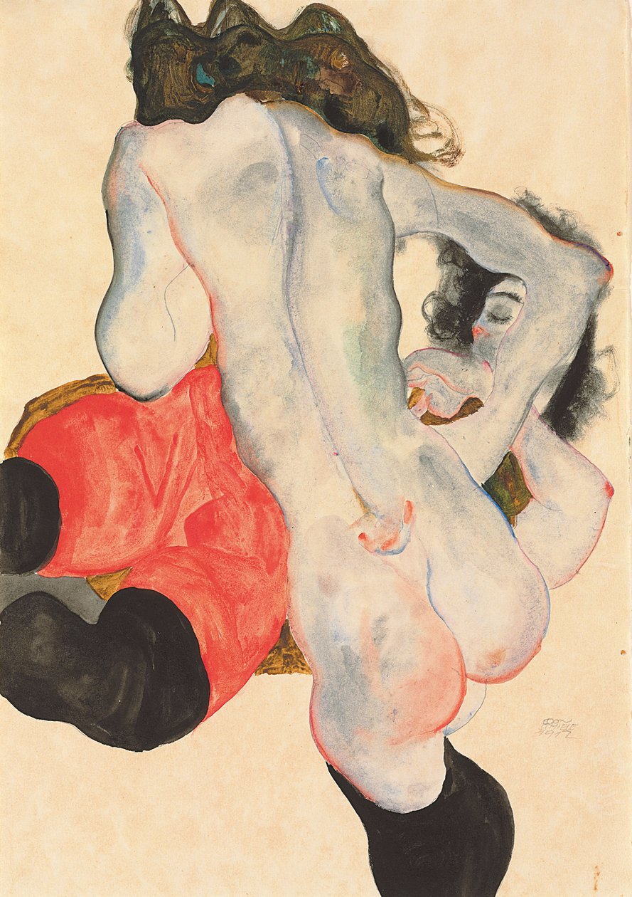 Tilbakelent kvinne i røde bukser og stående kvinnelig naken, 1912 av Egon Schiele