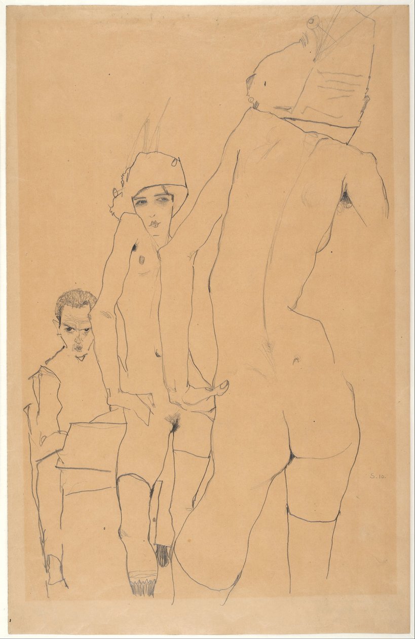 Schiele med nakenmodell før speilet, 1910 av Egon Schiele