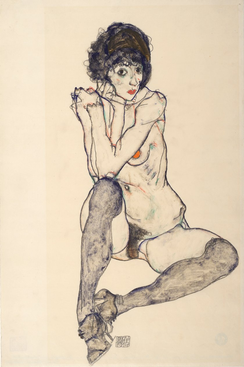 Sittende naken kvinne, albuer hviler på høyre kne, 1914. av Egon Schiele