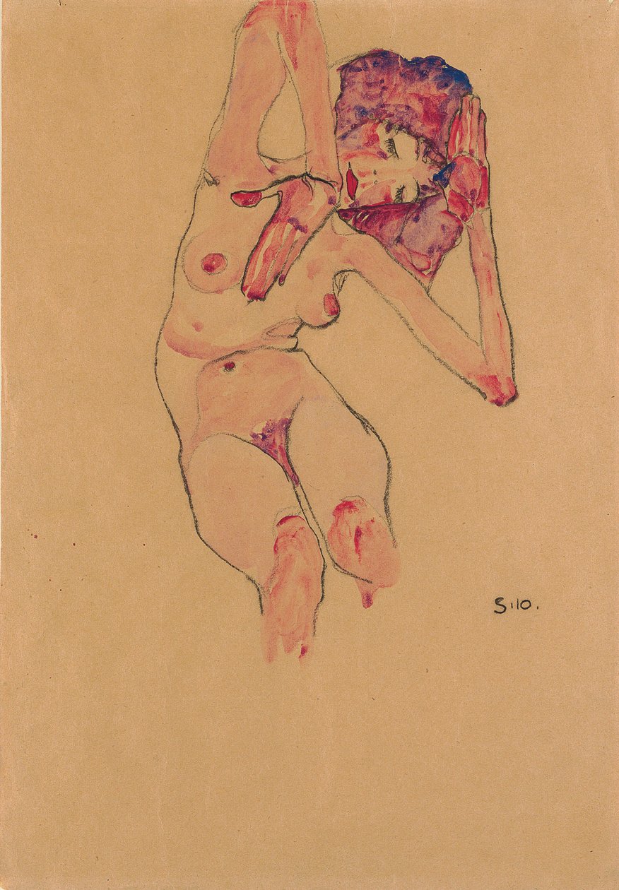 Sittende kvinne naken med bøyd hode og løftede armer; Sittende naken med bøyd hode og armer hevet, 1910 av Egon Schiele