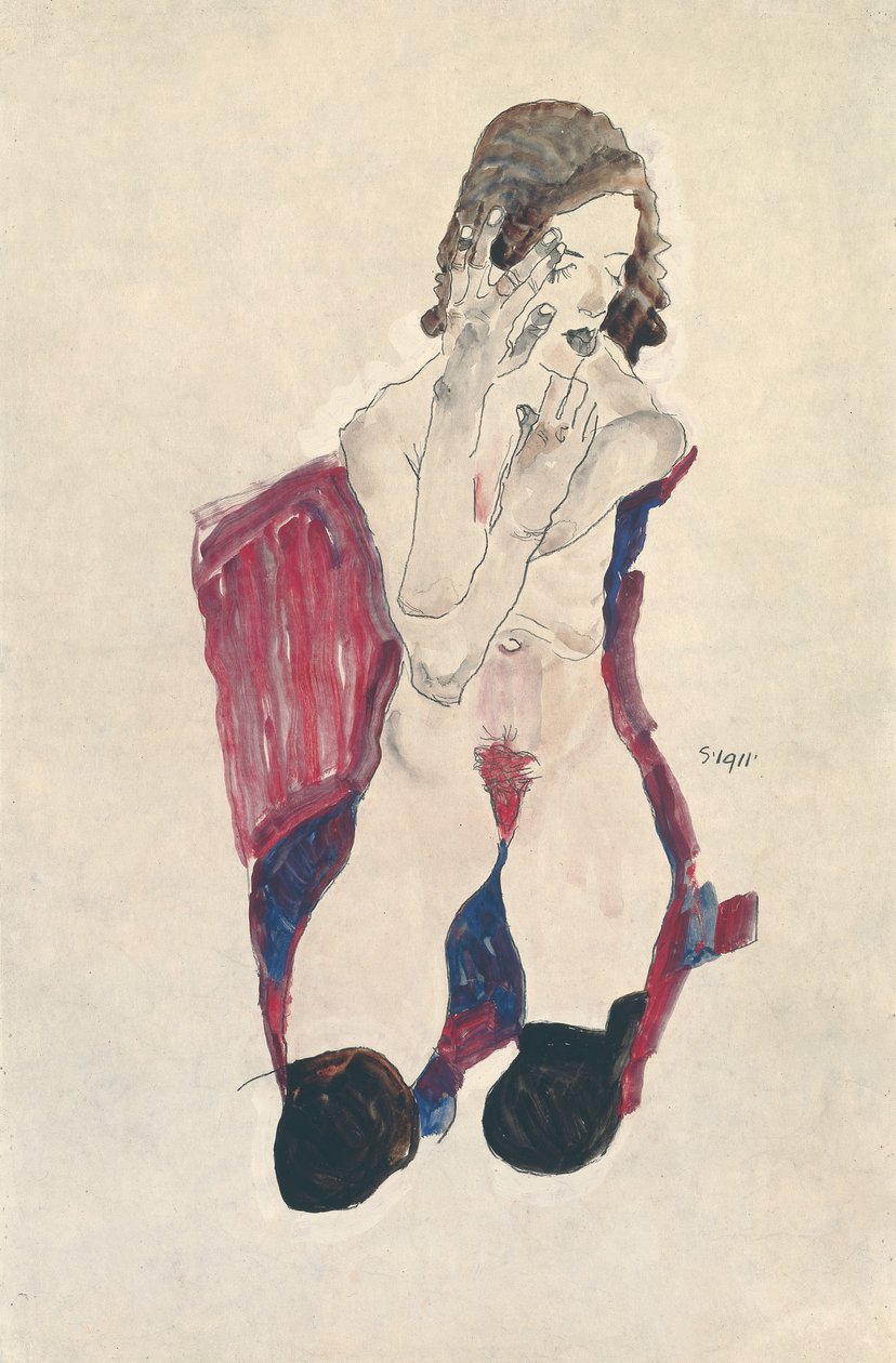 Sittende jente med svarte strømper og foldede hender; Sittende jente med svarte strømper og løftede hender, 1911 av Egon Schiele