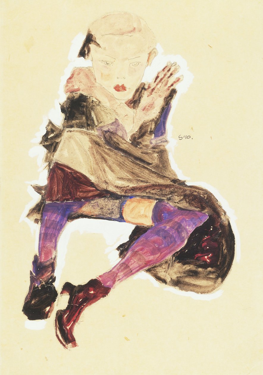Sittende jente med stripete strømper; Sittende jente med stripete strømper, 1910 av Egon Schiele