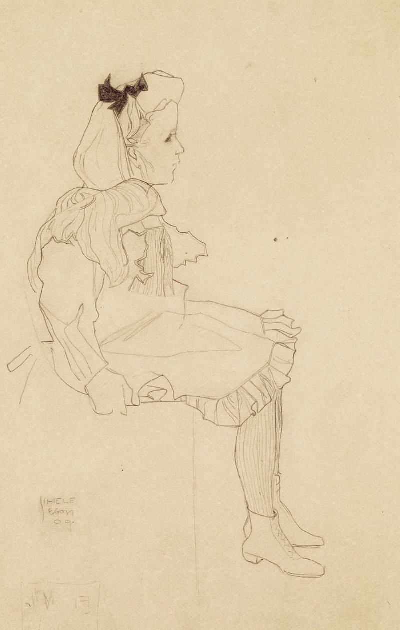 Sittende jente med sløyfe i håret, 1909 av Egon Schiele