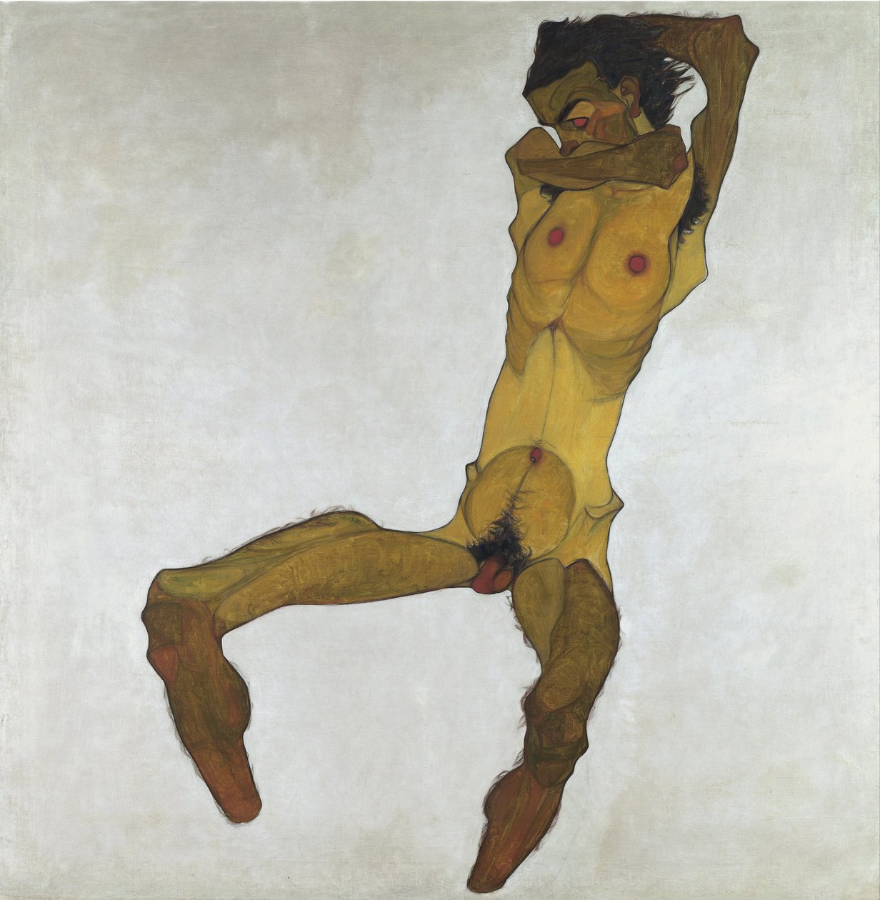 Sittende naken mann (selvportrett) - Schiele, Egon (1890-1918) - 1910 - Olje på lerret - 152,5x150 - Leopold Museum, Wien av Egon Schiele