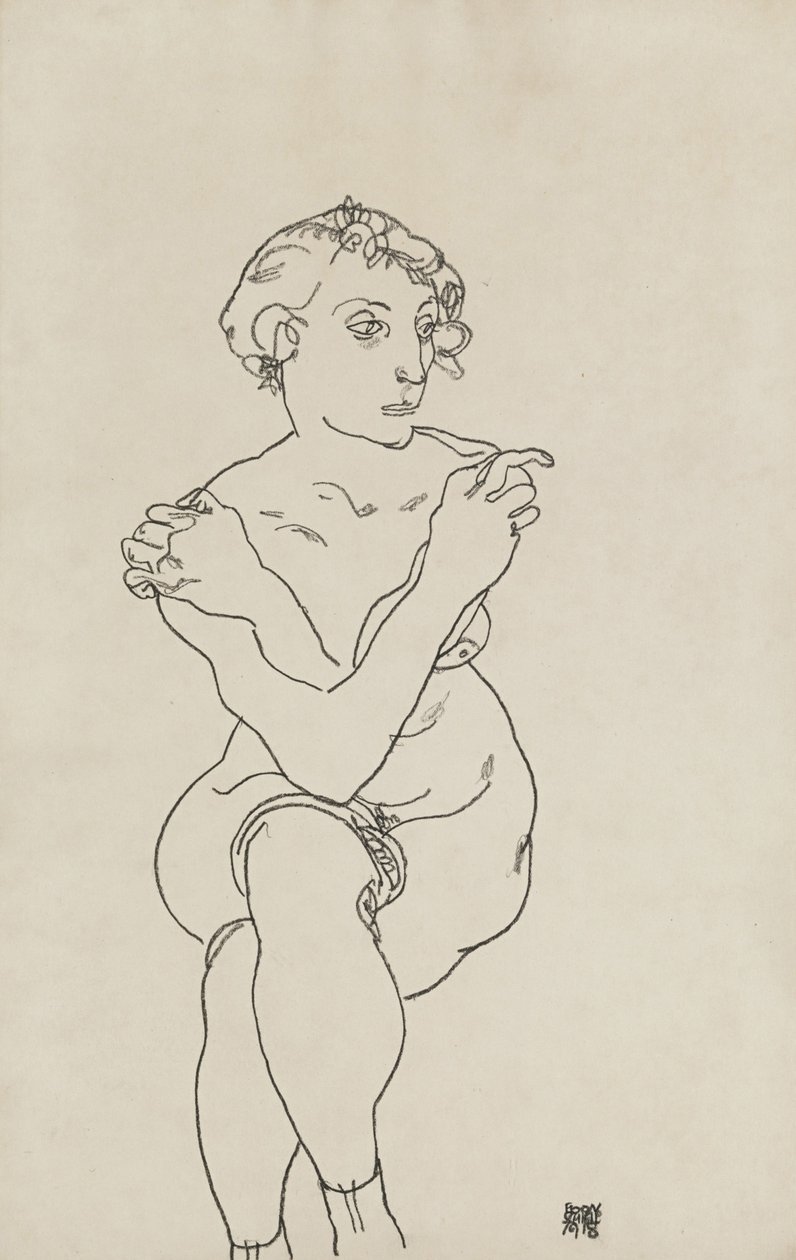 Sittende kvinnelig naken, armer og ben i kors, 1918 av Egon Schiele