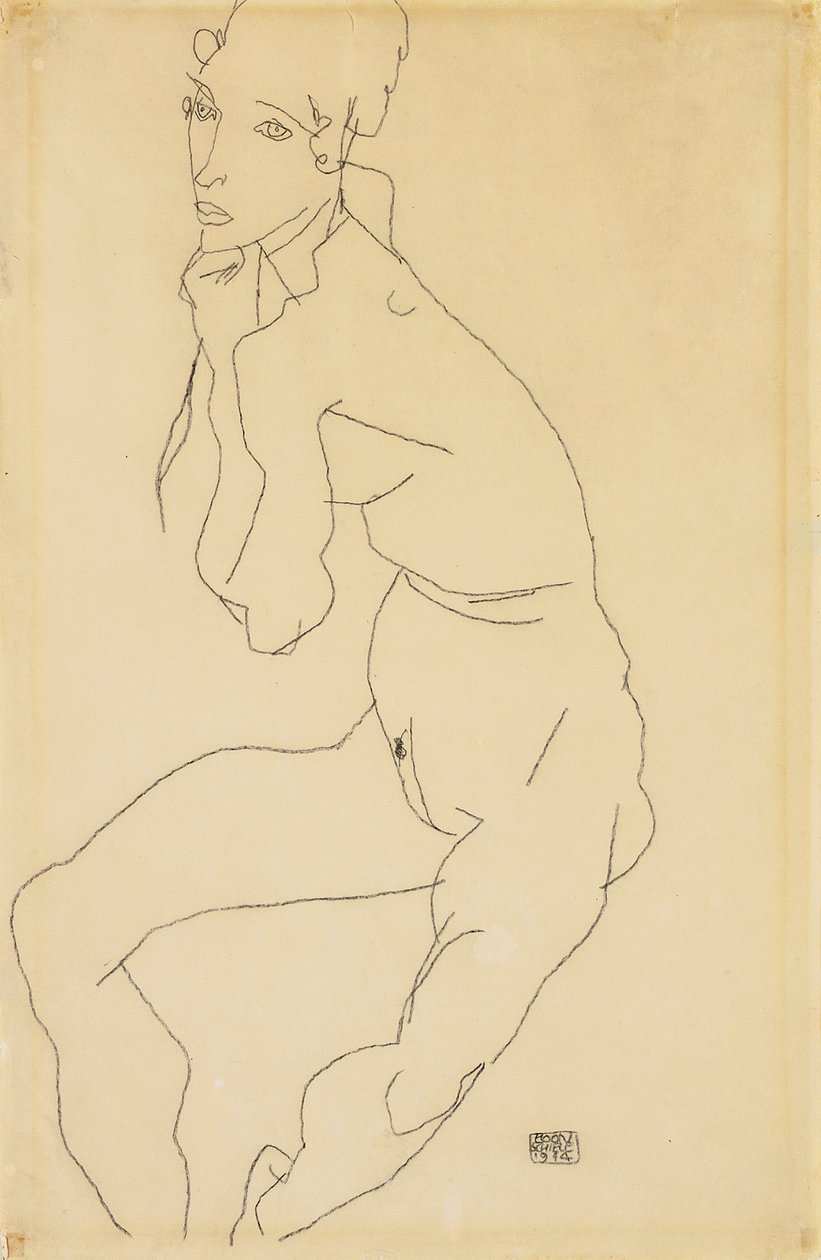 Sittende kvinnelig naken med hånden på haken, 1914 av Egon Schiele