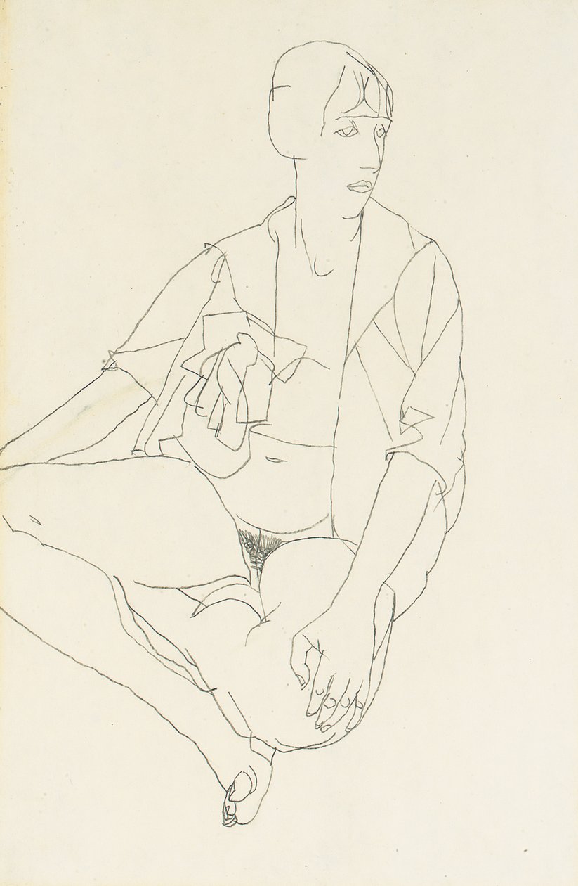 Sittende kvinnelig naken med åpen bluse, 1913 av Egon Schiele