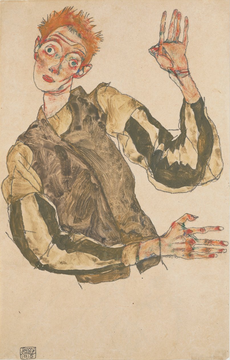 Selvportrett med stripete ermebeskyttere av Egon Schiele