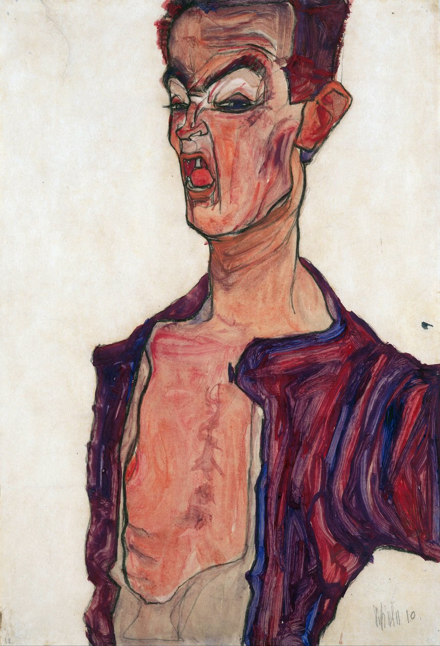 Selvportrett, grimasering - Schiele, Egon (1890-1918) - 1910 - Gouache på papir - 45,3x30,7 - Leopold Museum, Wien av Egon Schiele