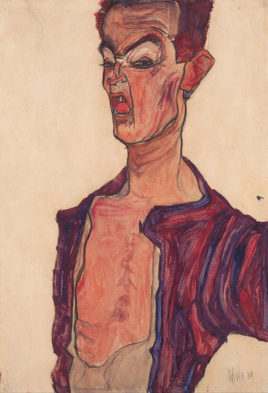 Selvportrett, grimasering, 1910 av Egon Schiele