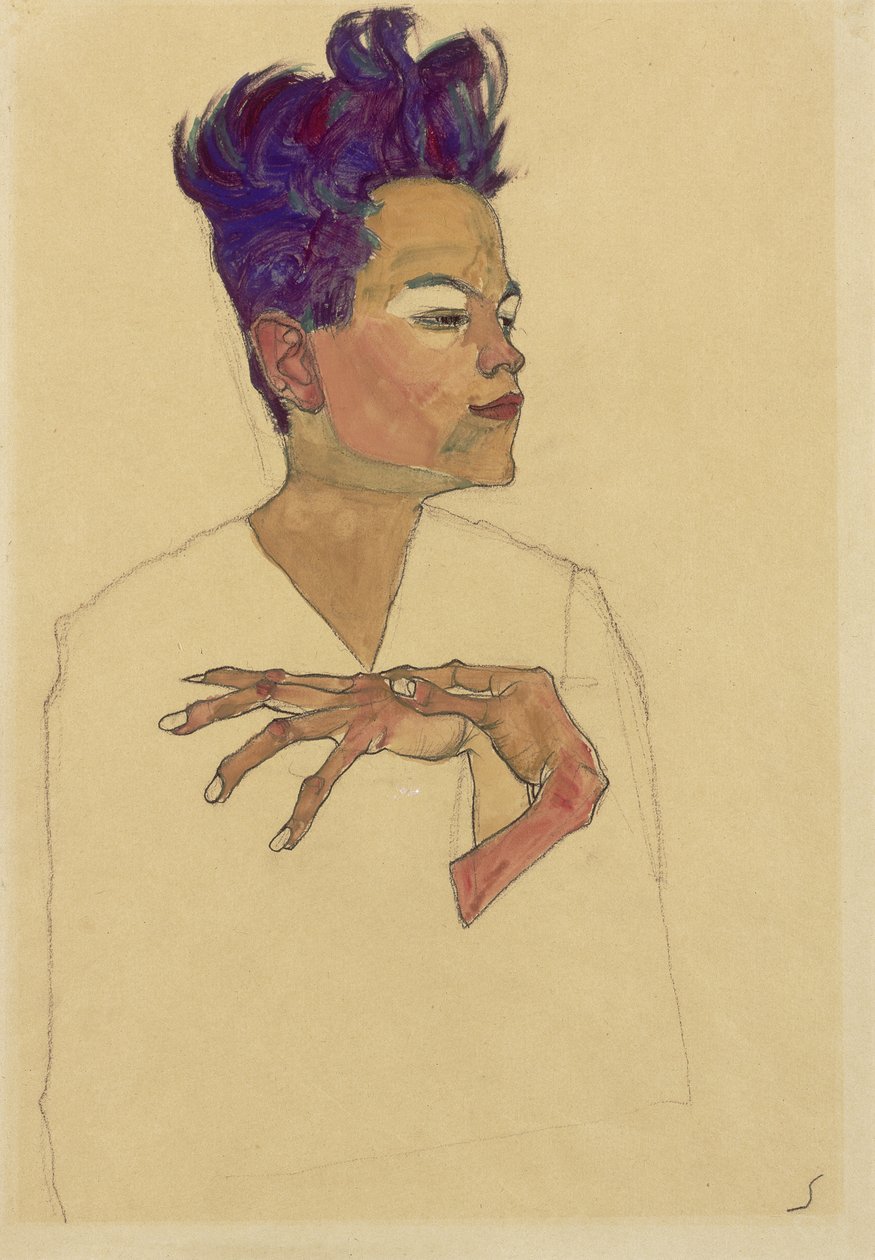 Selvportrett med hender på brystet, 1910 av Egon Schiele