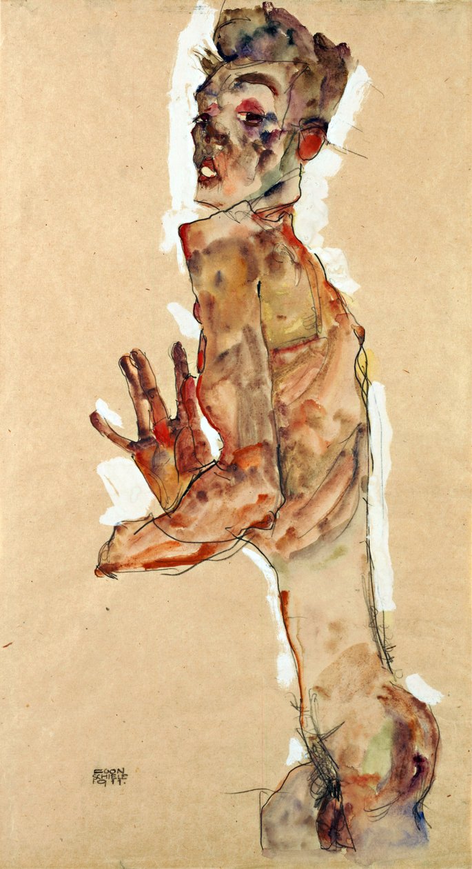 Selvportrett med spredte fingre - Schiele, Egon (1890-1918) - 1911 - Svart kritt, Gouache på papir - 52,5x28 - Leopold Museum, Wien av Egon Schiele