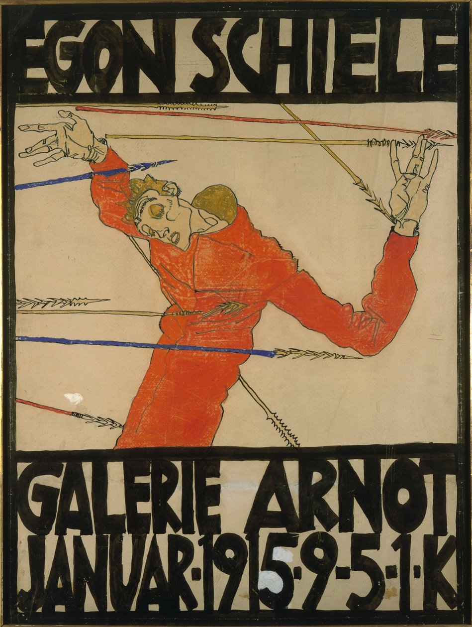 Selvportrett som Saint Sebastian, plakatdesign for am-utstillingen på Galerie Arnot, 1914 (gouache, svart fargestift og blekk på papp) av Egon Schiele
