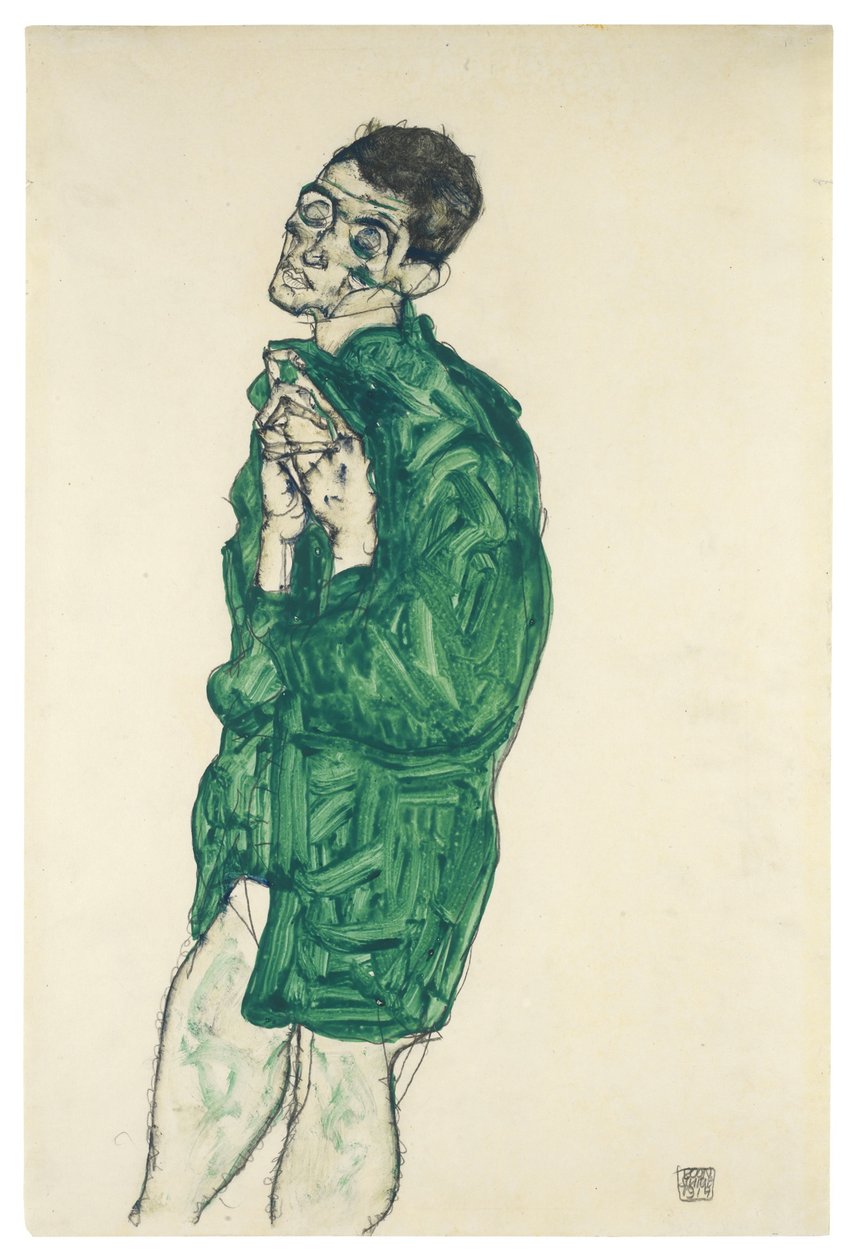 Selvportrett i grønn skjorte med lukkede øyne, 1914 av Egon Schiele