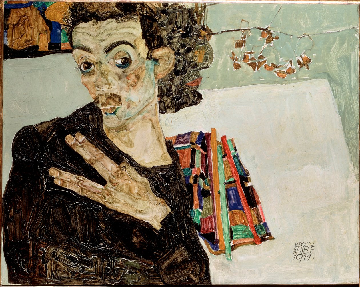 Selvportrett med fingrene fra hverandre. Maleri av Egon Schiele av Egon Schiele