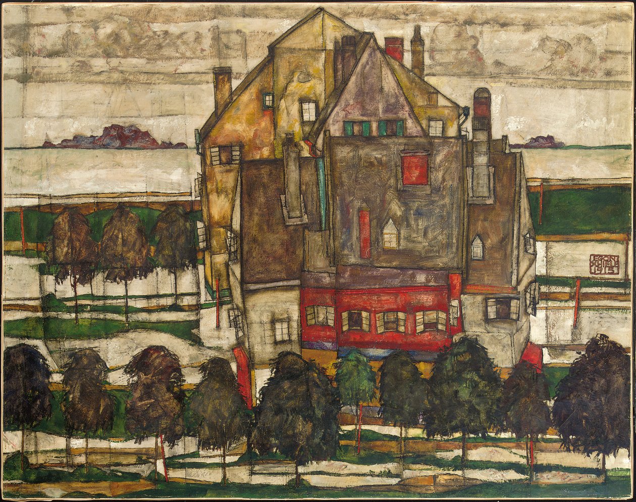 Enkelthus (hus med fjell) 1915 (olje på lerret) av Egon Schiele