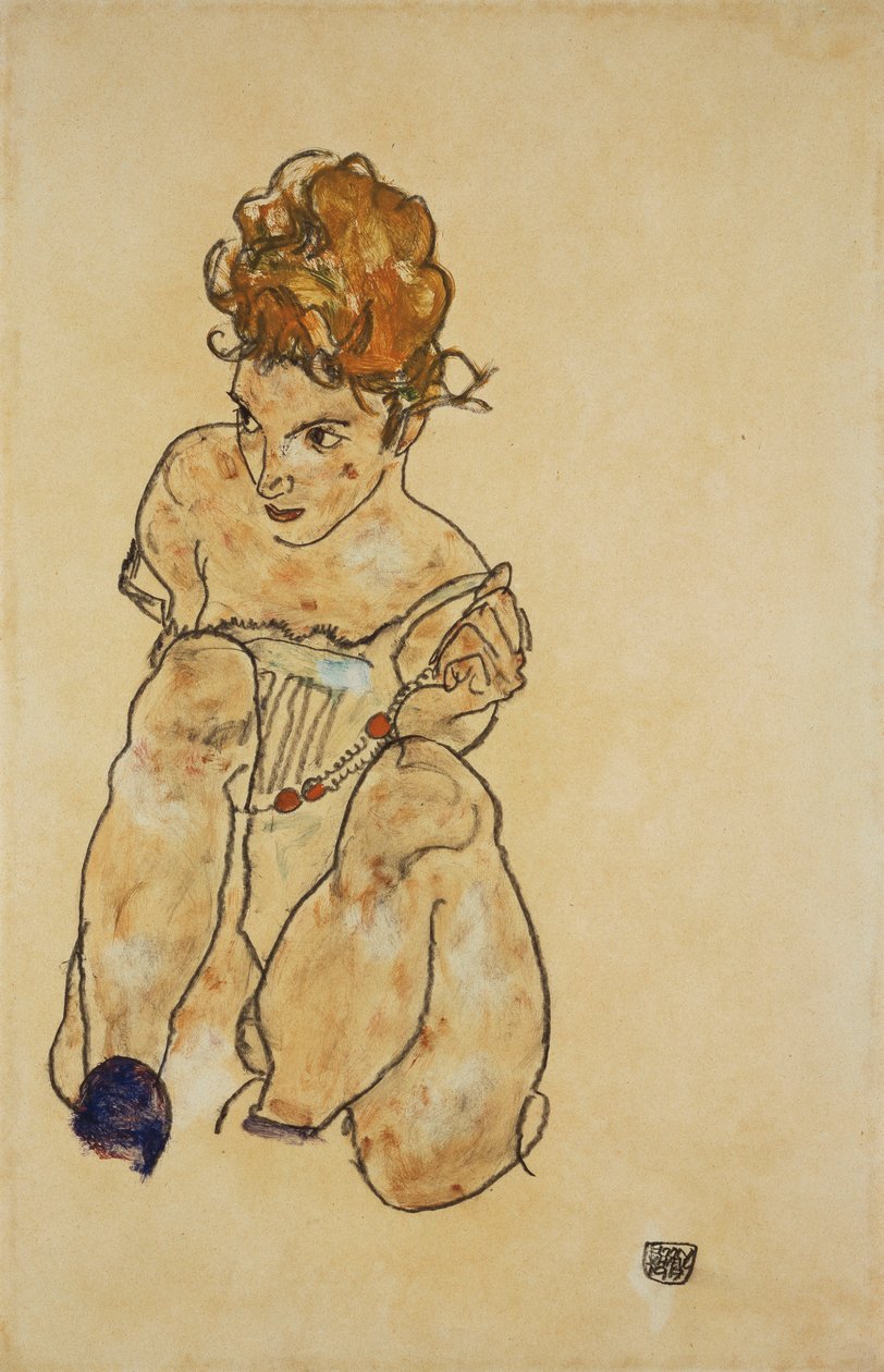 Sittende jente i undertøy, 1917 av Egon Schiele
