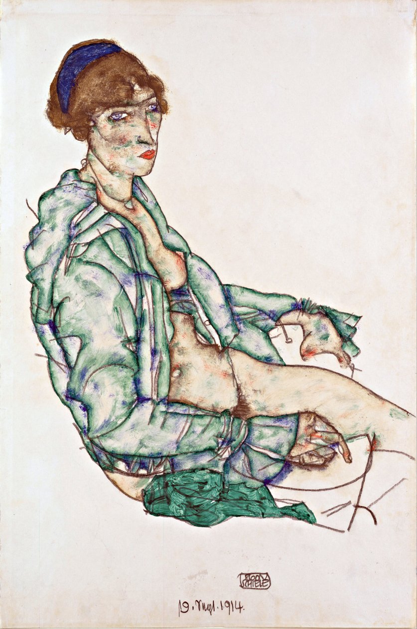 Sittende halvnaken med blått hårbånd - Schiele, Egon (1890-1918) - 1914 - Svart kritt, Gouache på papir - 47,4x31,3 - Leopold Museum, Wien av Egon Schiele