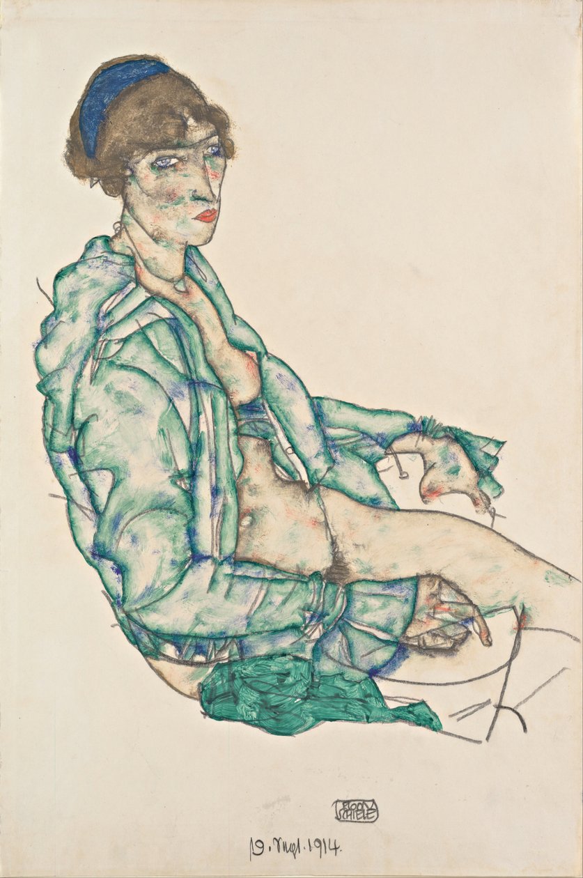 Sittende halvnaken med blått hårbånd, 1914 av Egon Schiele