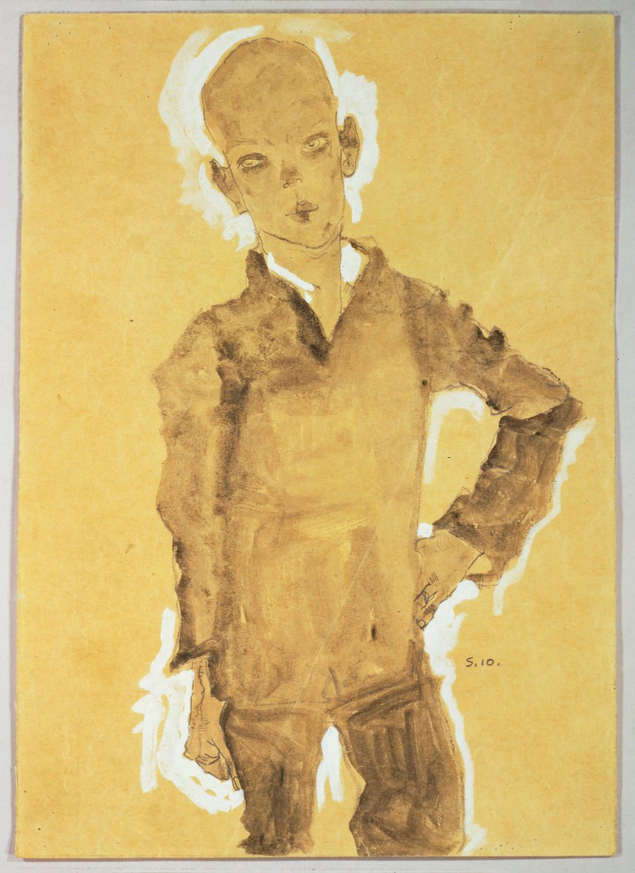 Stående gutt, venstre hånd på hoften (gouache, akvarell og blyant med hvit forhøyning) av Egon Schiele