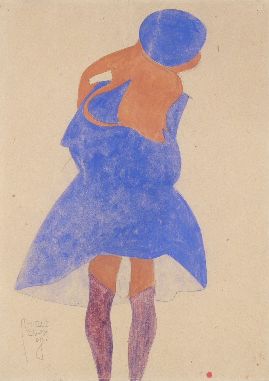 Standing Girl, Back View, 1908 (gouache, akvarell og grafitt på papir) av Egon Schiele