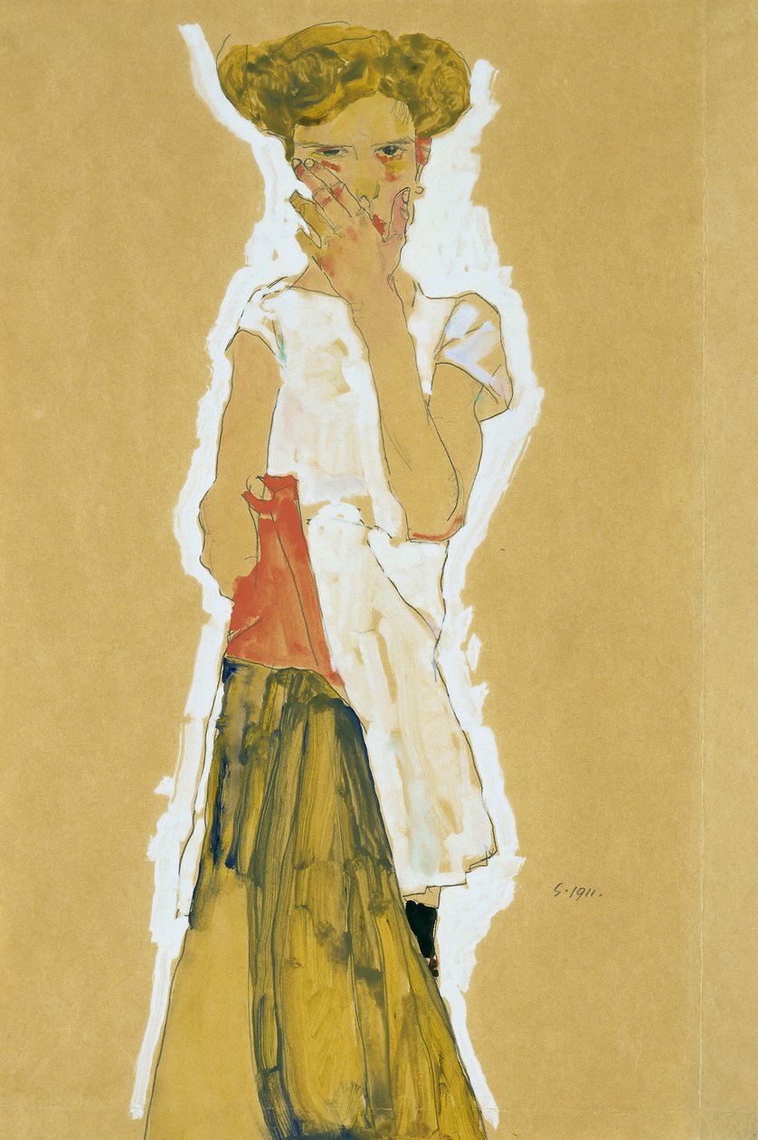 Stående jente i hvit underkjole av Egon Schiele