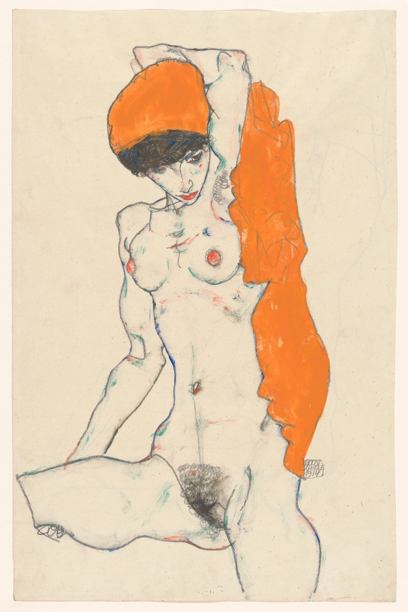 Stående naken med oransje draperi, 1914. av Egon Schiele