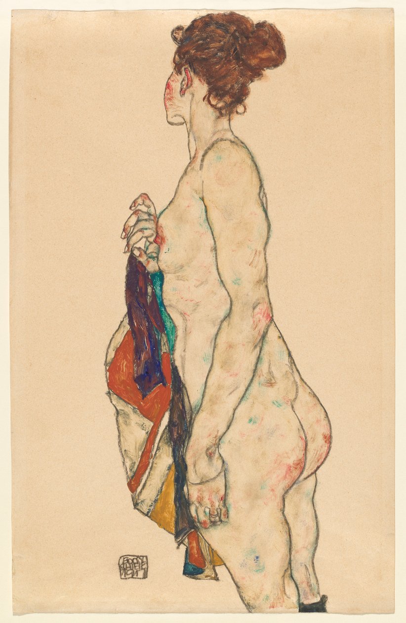 Stående naken med en mønstret kappe, 1917 av Egon Schiele