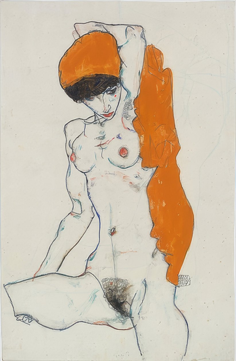 Stående naken med en oransje klut. 1914 av Egon Schiele