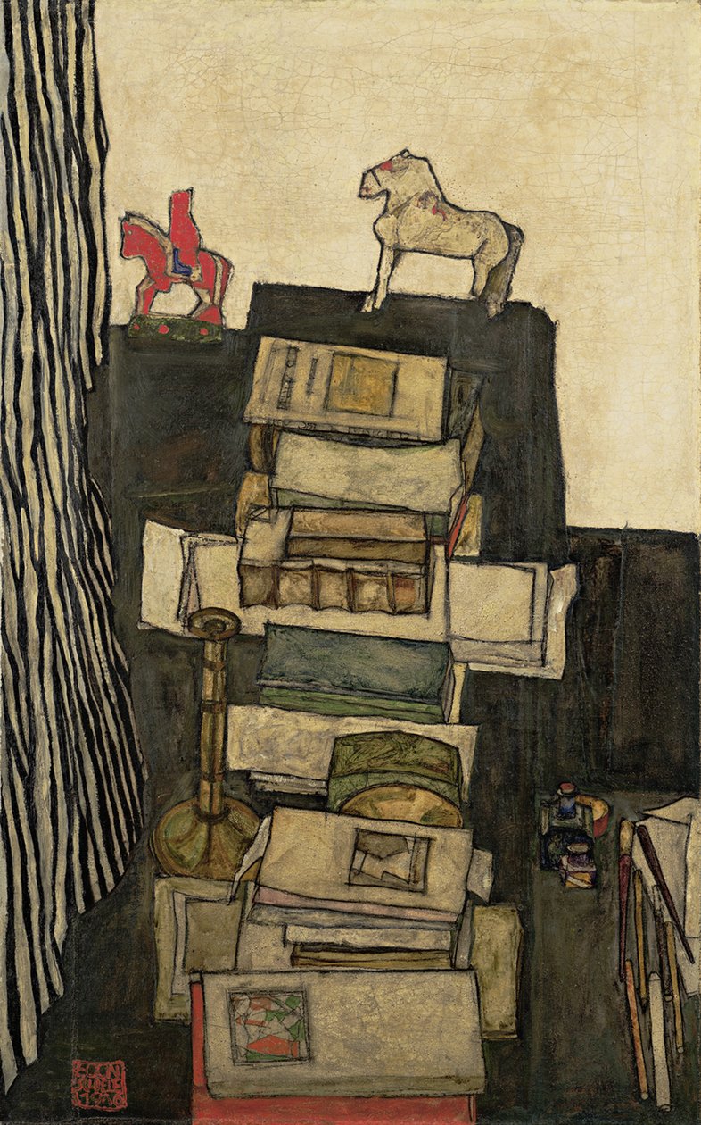 Stilleben med bøker Schieles skrivebord, 1914 av Egon Schiele