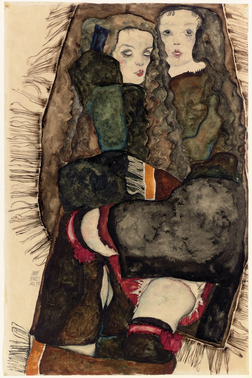 To jenter på et frynsete teppe; To jenter på et teppe med frynser, 1911 av Egon Schiele