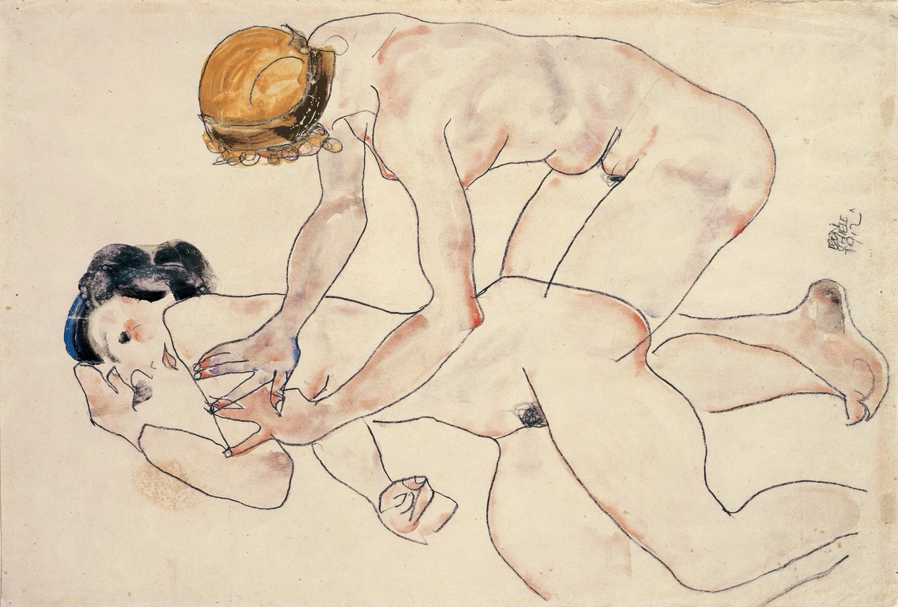 To kvinnelige nakenbilder, liggende og knelende av Egon Schiele