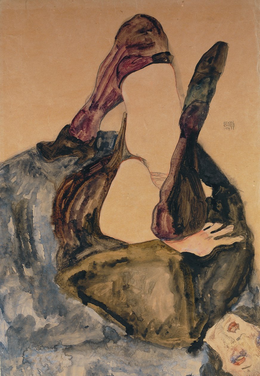 Kvinne med hevet ben og lilla strømper; Kvinne med hevet ben og lilla strømper, 1911 av Egon Schiele