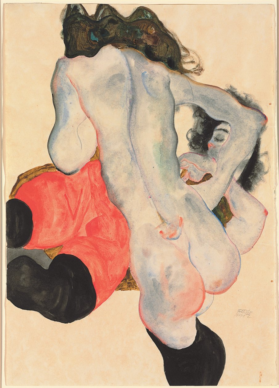 Kvinne med røde bukser og stående kvinne naken; Tilbakelent kvinne med røde bukser og stående kvinnelig naken, 1912 av Egon Schiele