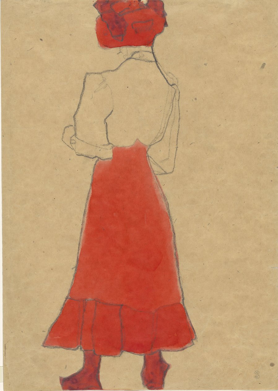 Kvinne med rødt skjørt, ca. 1909. av Egon Schiele