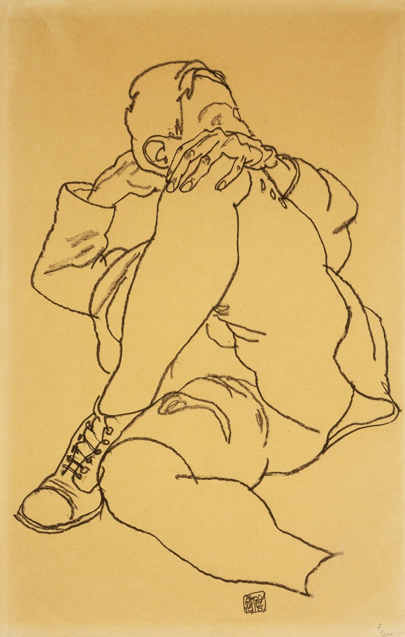 Ung mann tilbakelent med hodet hvilende på hans kryssede ben; Tilbakelent gutt med hodet støttet opp og venstre ben i kryss, 1918 av Egon Schiele
