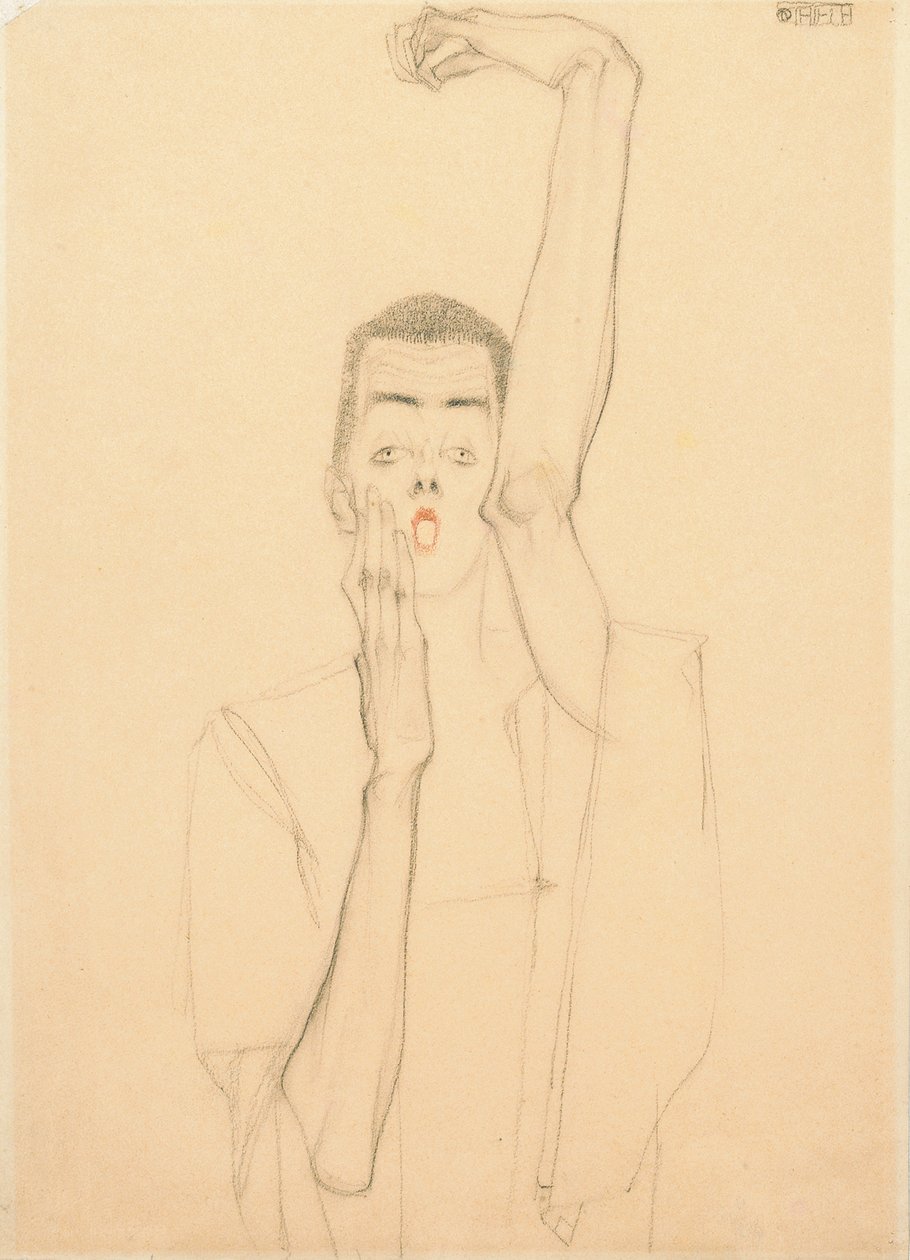 Ung mann med løftet arm og rød munn; Selvportrett med løftet venstre arm og rød munn, 1909 av Egon Schiele