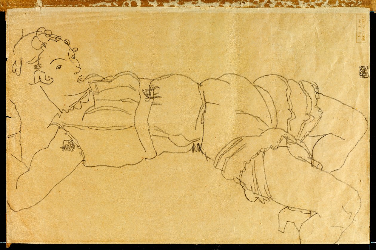 Ung kvinne liggende på ryggen, 1915 av Egon Schiele