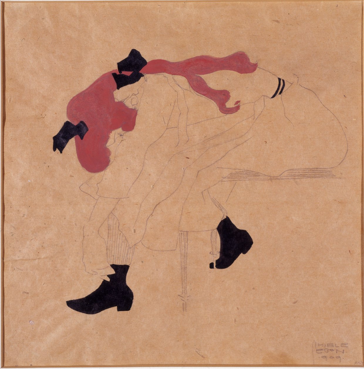Ung jente med svart bånd i rødt hår, tar på seg skoene, 1909 av Egon Schiele