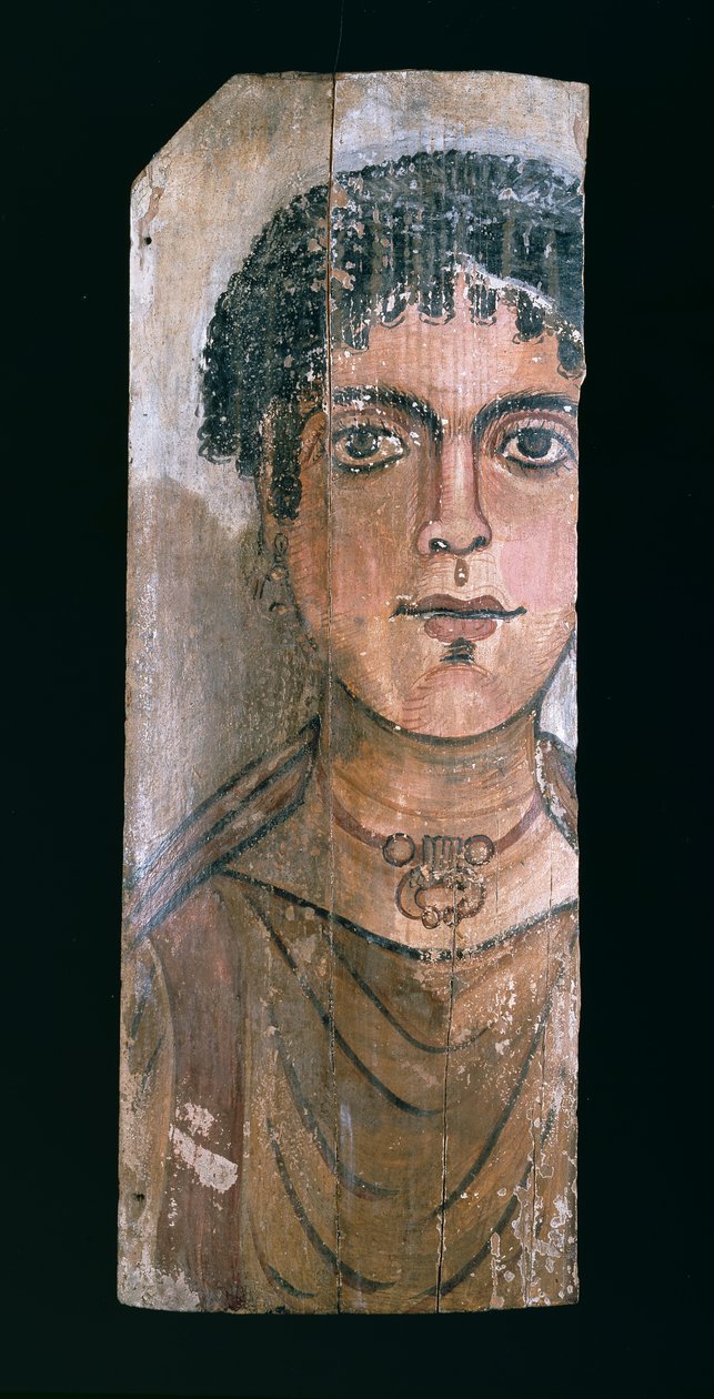 Dobbeltsidig mumieportrett av en ung kvinne, fra er-Rubayat i Faiyum (enkaustisk maling på tre) (verso) (for recto se 104484) av Egyptian