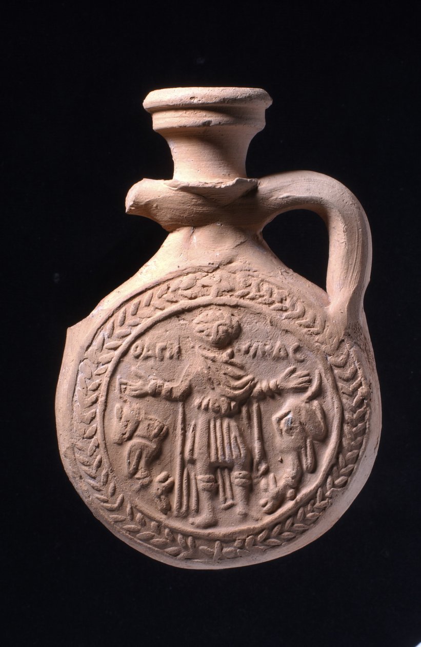 Pilegrimskolbe assosiert med helligdommen St Menas ved Abu Mina, ca. 501-700 (keramikk) av Egyptian