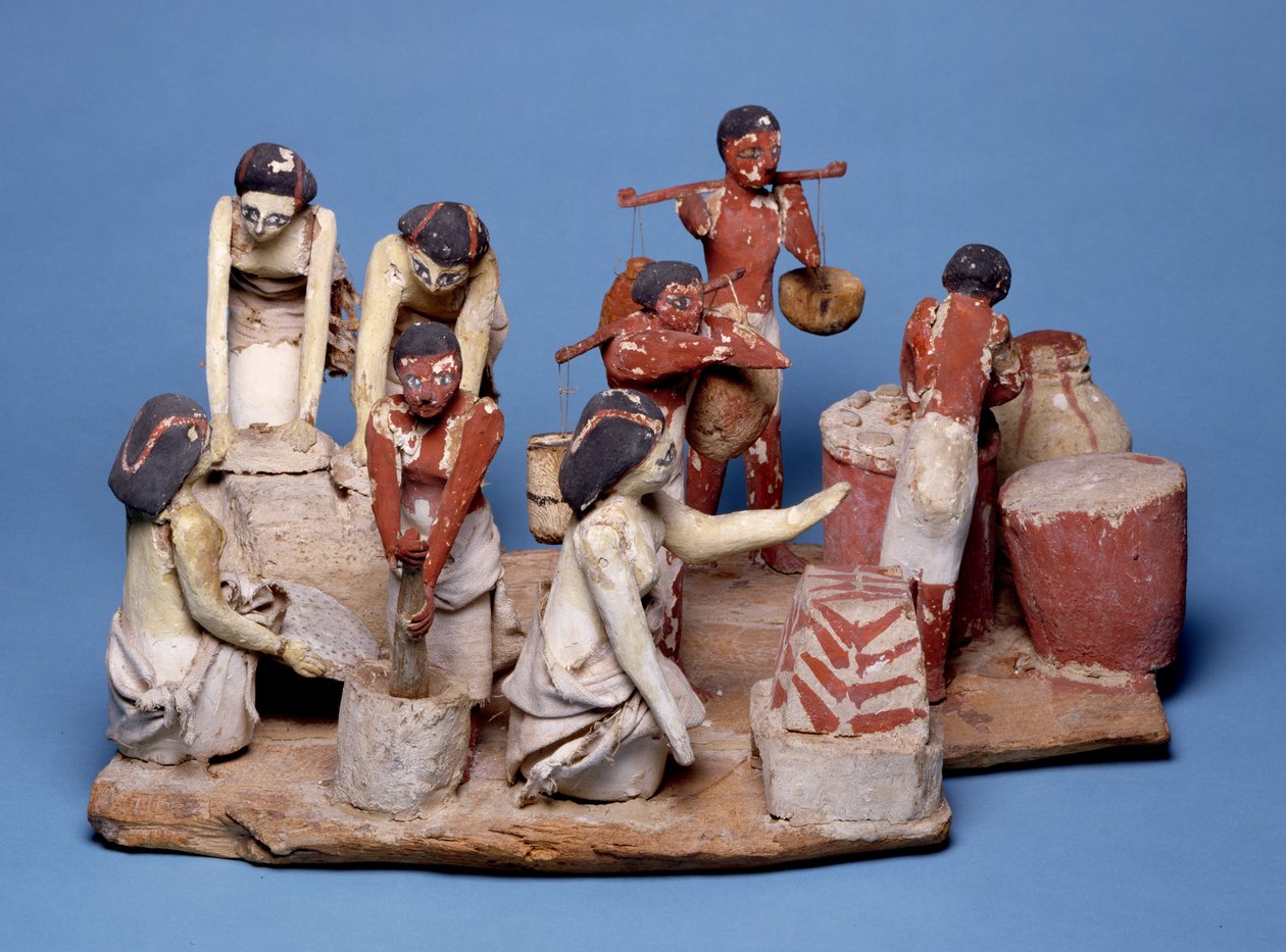 Modell av tjenere som lager brød og brygger, Middle Kingdom (malt tre, lin og leire) av Egyptian 12th Dynasty