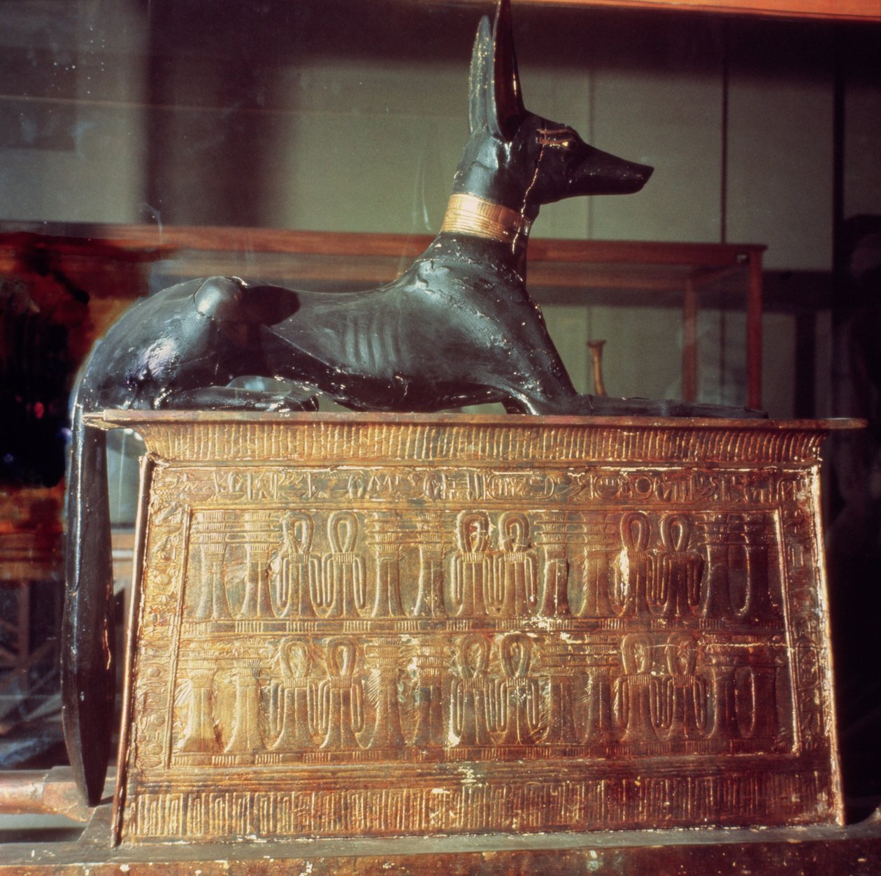 Anubis, egyptisk gud for de døde, satt på toppen av en kiste i form av en helligdom, fra graven til Tutankhamon (ca. 1370-52 f.Kr.) New Kingdom (tre) (se også 149424) av Egyptian 18th Dynasty