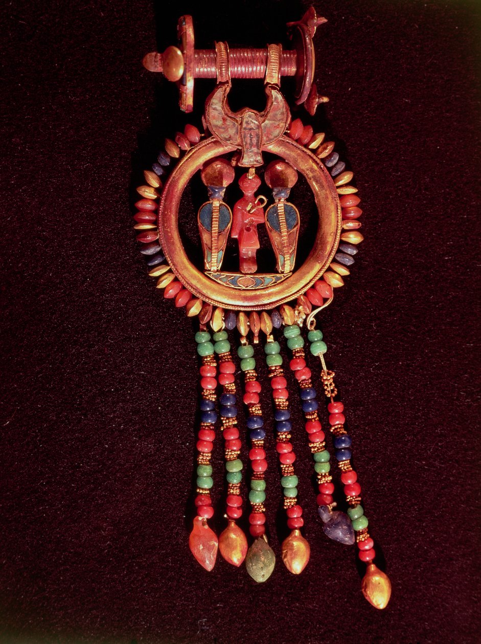 Øredobber fra Tutankhamons grav (ca. 1370-1352 f.Kr.) Kongenes dal, Theben, ca. 1336-1327 f.Kr., New Kingdom (gull, lapis lazuli et al) av Egyptian 18th Dynasty