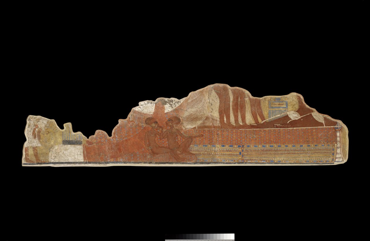 Fragment av veggmaleri fra et privat hus som viser to av de yngre døtrene til farao Akhenaten og dronning Nefertiti sittende ved foreldrenes føtter, funnet i Tell el-Amarna, New Kingdom (vegg pa av Egyptian 18th Dynasty