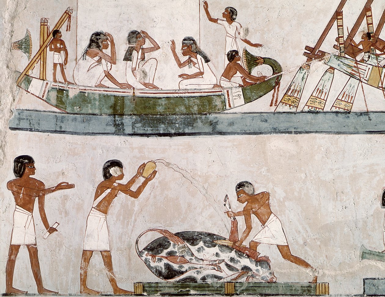 Ofring og rensing av en okse, og et seilritual, fra graven til Menna, New Kingdom (veggmaleri) av Egyptian 18th Dynasty