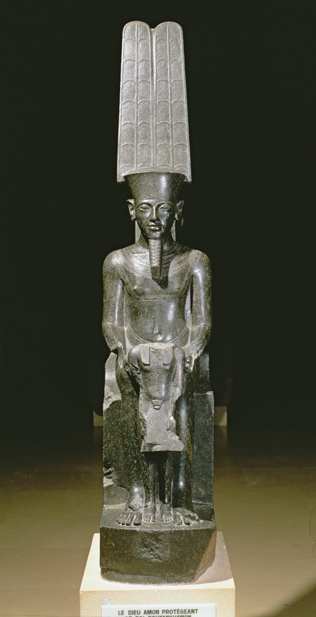 Statue av guden Amun som beskytter Tutankhamon, egyptisk, New Kingdom, ca. 1347-37 f.Kr. (granitt) av Egyptian 18th Dynasty